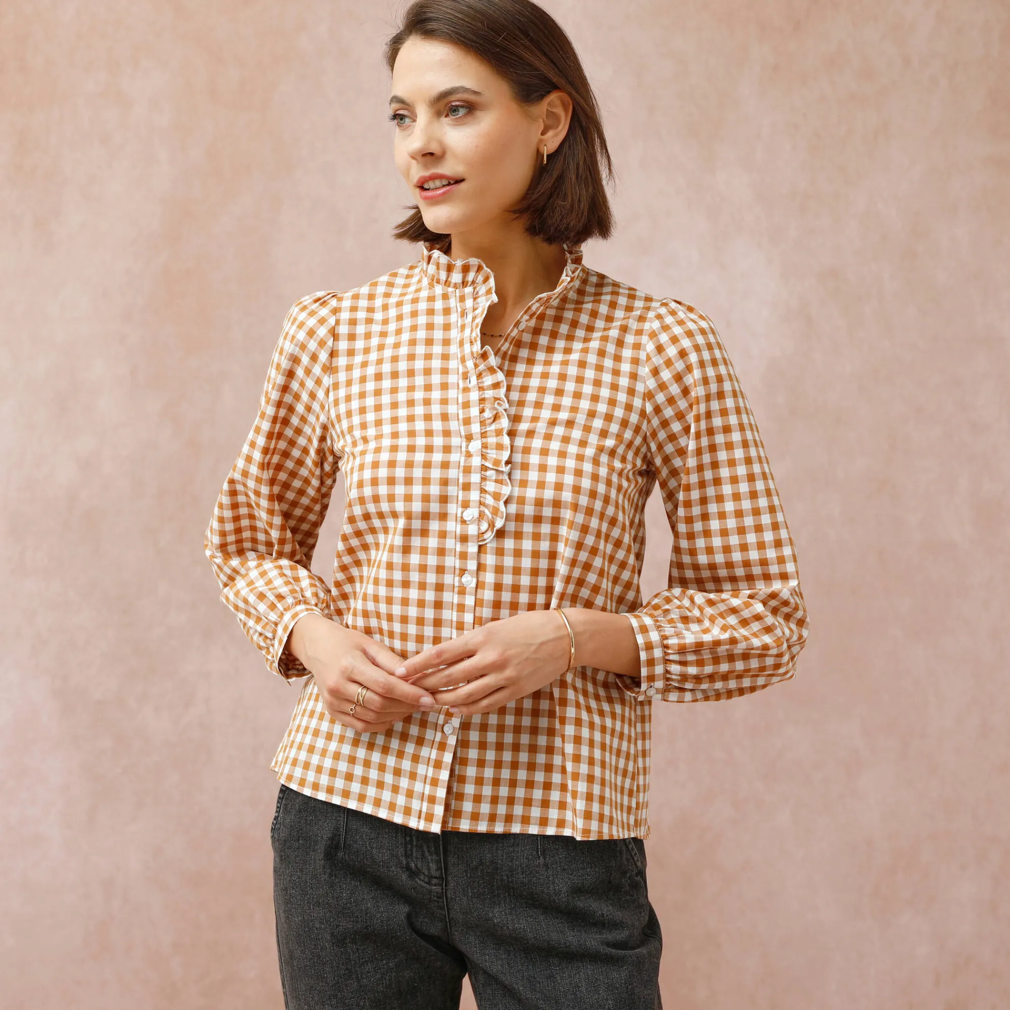 Bloes En Tuniek<Blancheporte Bloes met fronskraag, vichy hazelnootbruin / ecru