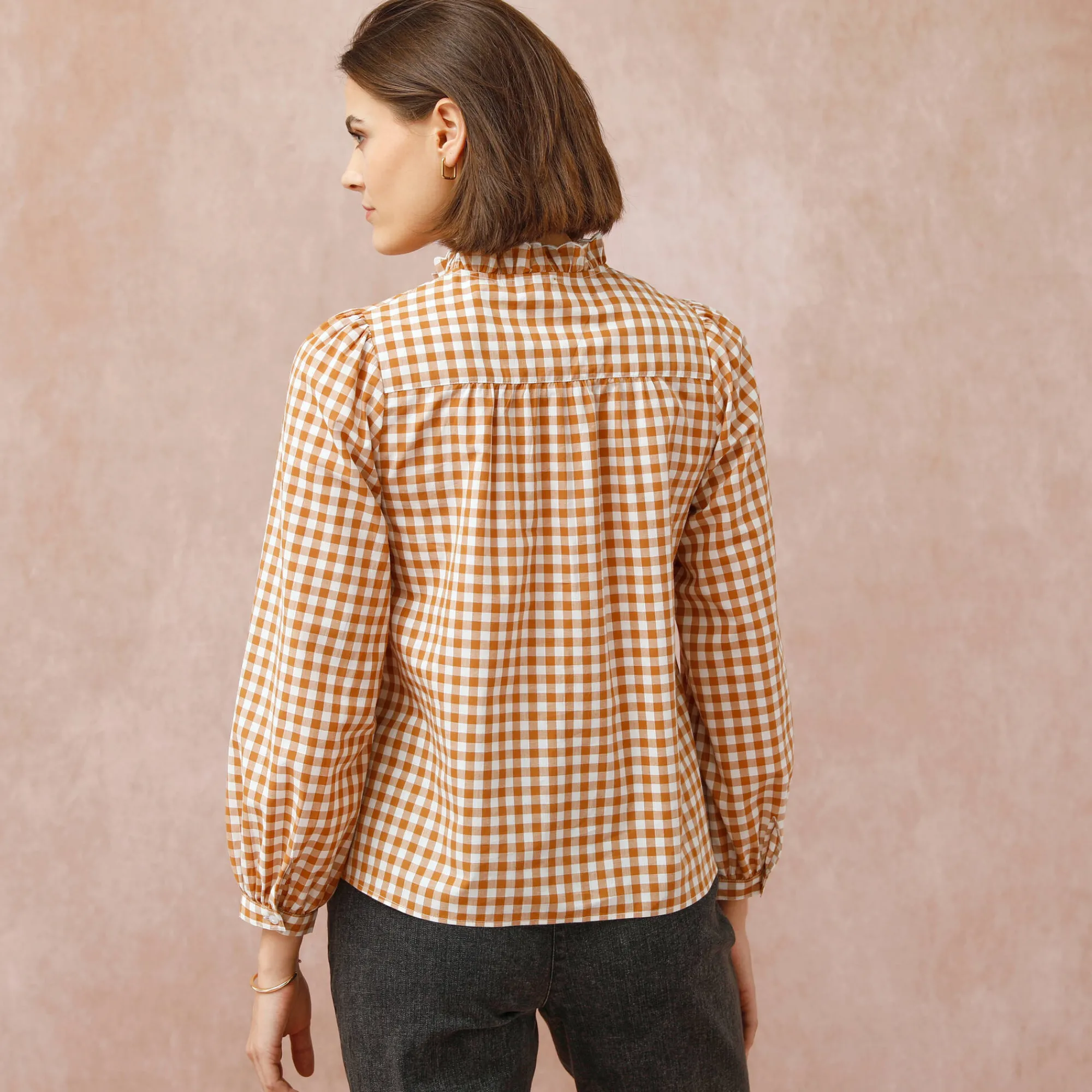 Bloes En Tuniek<Blancheporte Bloes met fronskraag, vichy hazelnootbruin / ecru