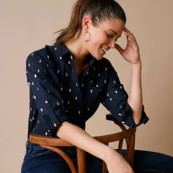 Feestoutfits Dames|Bloes En Tuniek<Blancheporte Bloes met goudkleurige print marine / goudkleurig