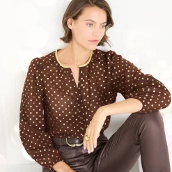 Feestoutfits Dames|Bloes En Tuniek<Blancheporte Bloes met goudkleurige stippenprint, in voile chocolade