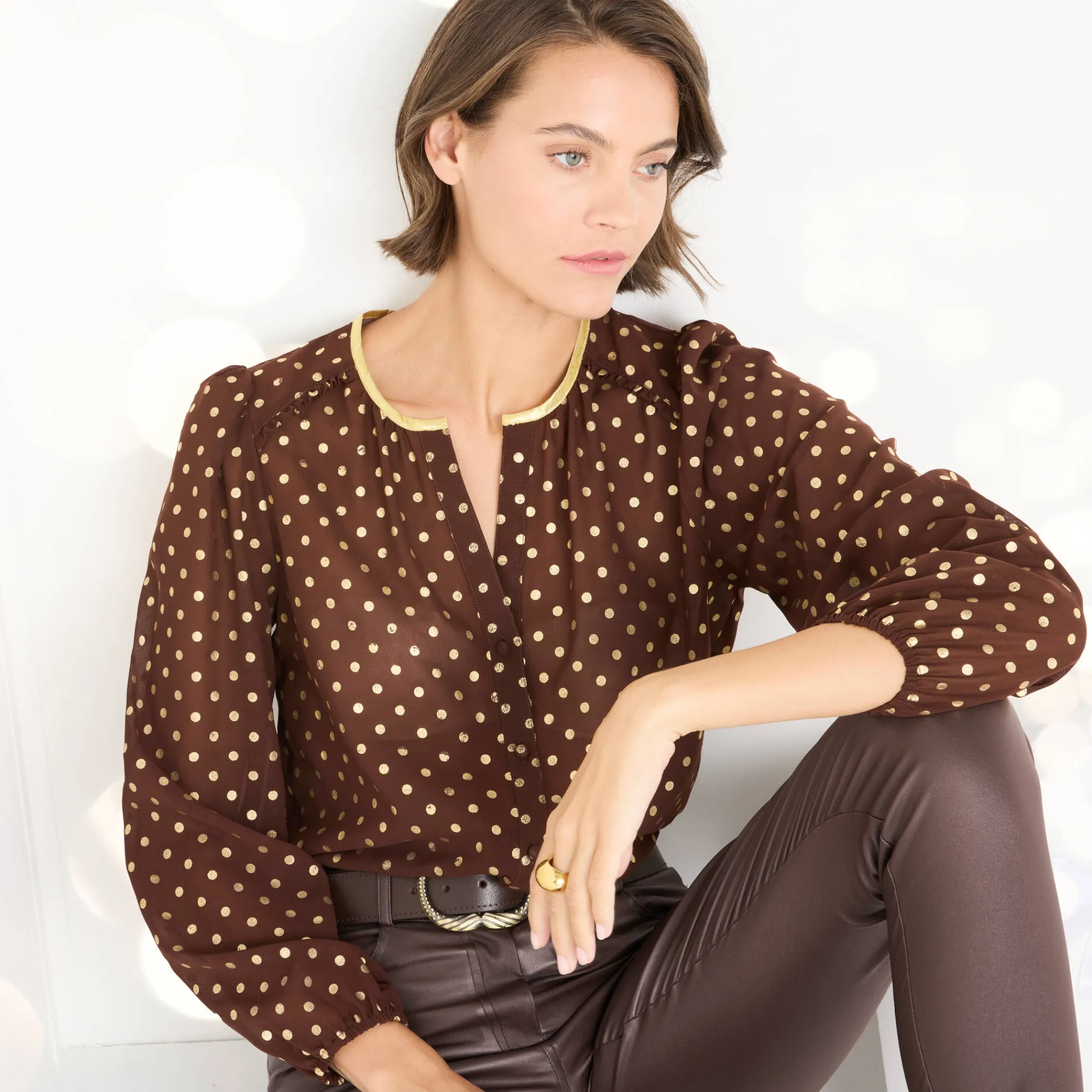 Feestoutfits Dames|Bloes En Tuniek<Blancheporte Bloes met goudkleurige stippenprint, in voile chocolade