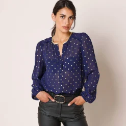 Feestoutfits Dames|Bloes En Tuniek<Blancheporte Bloes met goudkleurige stippenprint, in voile nachtblauw