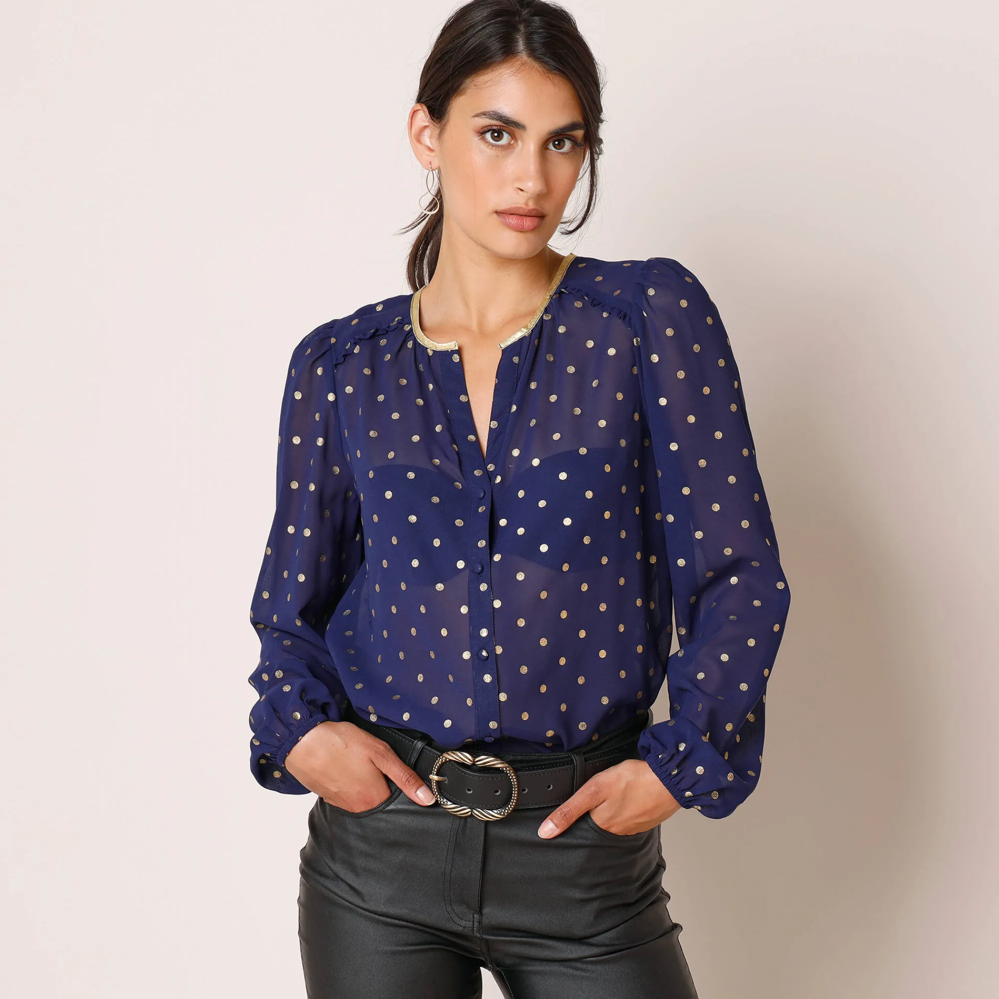 Feestoutfits Dames|Bloes En Tuniek<Blancheporte Bloes met goudkleurige stippenprint, in voile nachtblauw