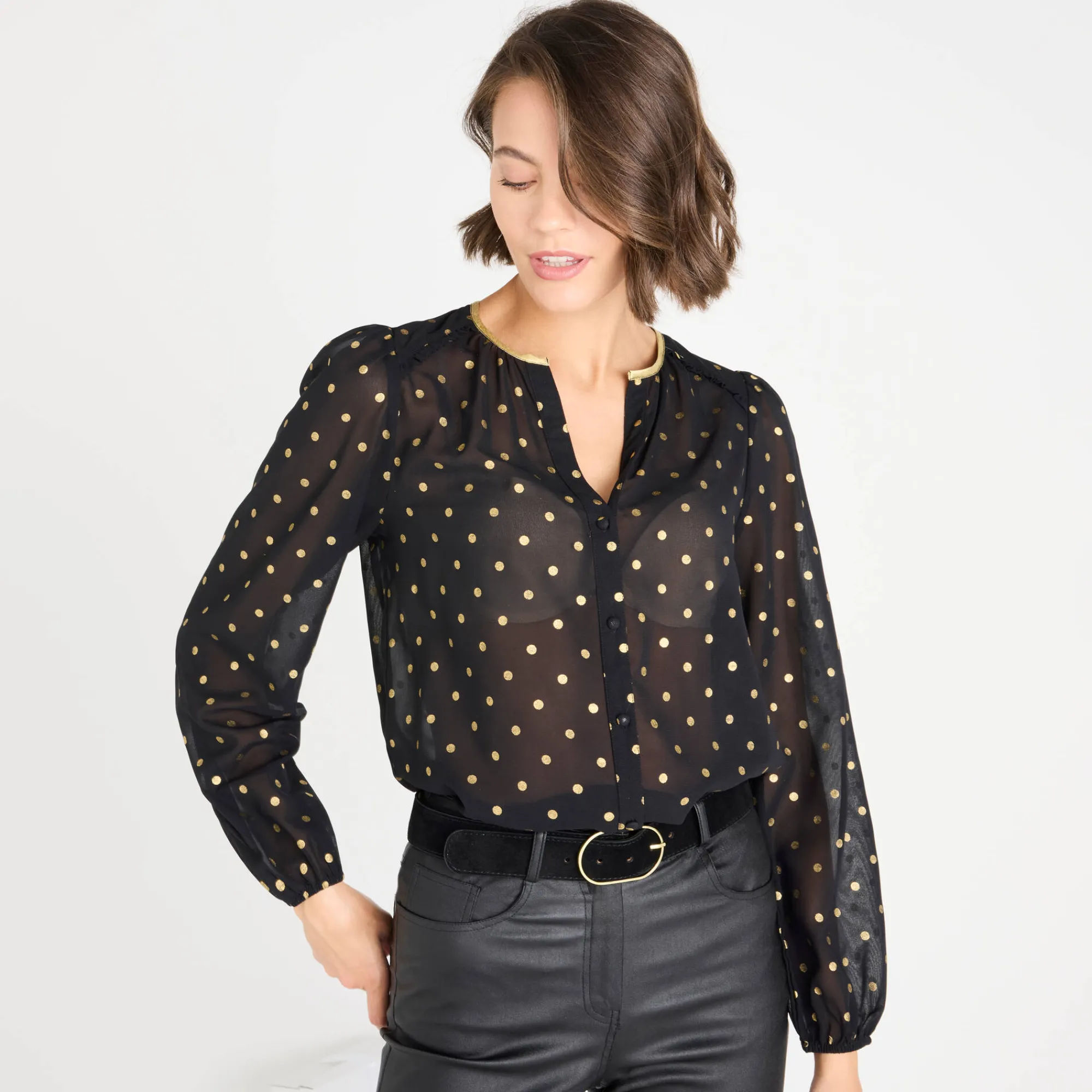 Feestoutfits Dames|Bloes En Tuniek<Blancheporte Bloes met goudkleurige stippenprint, in voile zwart
