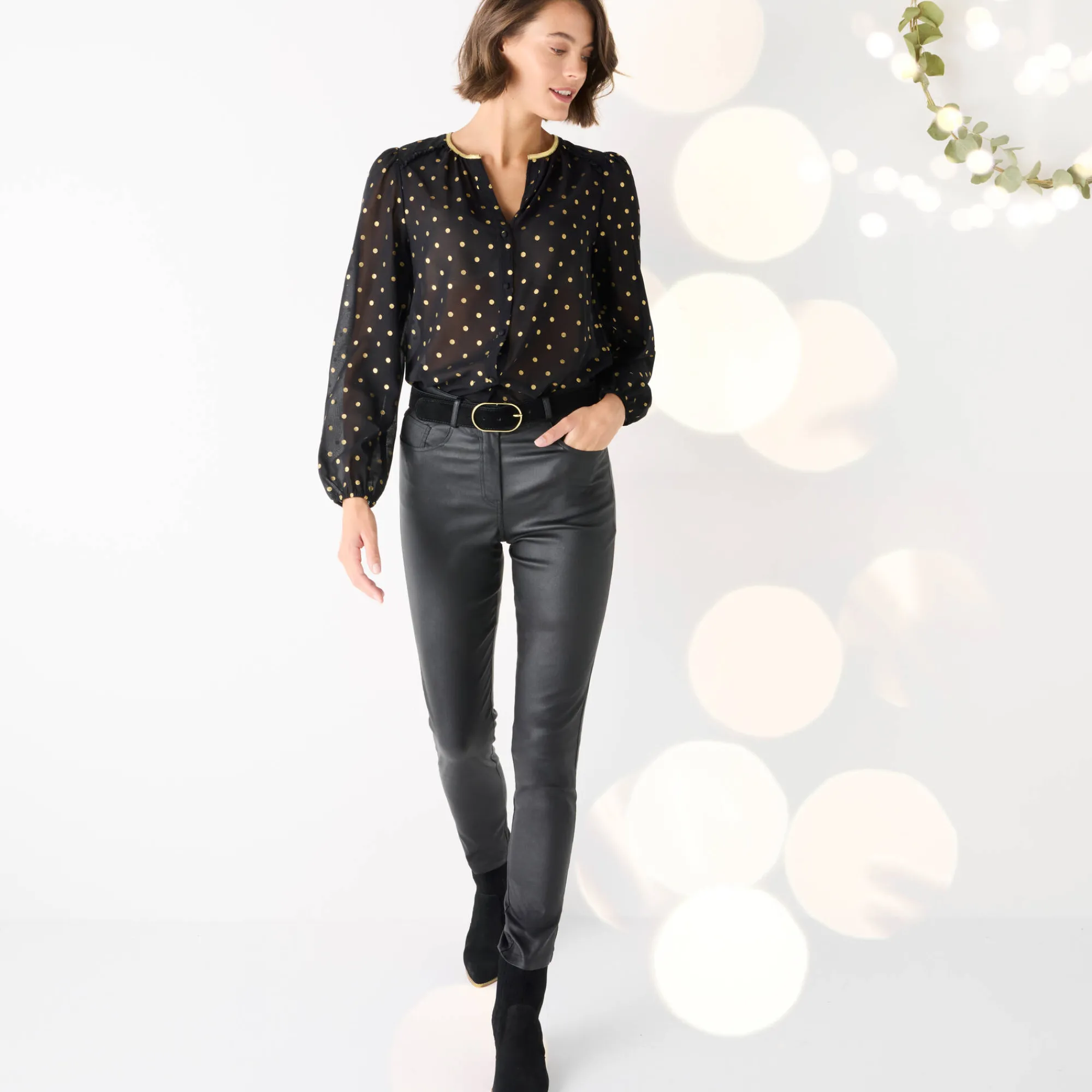 Feestoutfits Dames|Bloes En Tuniek<Blancheporte Bloes met goudkleurige stippenprint, in voile zwart