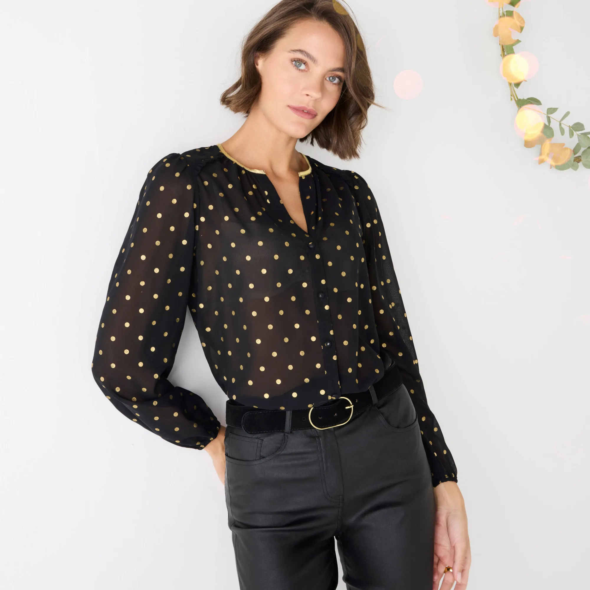 Feestoutfits Dames|Bloes En Tuniek<Blancheporte Bloes met goudkleurige stippenprint, in voile zwart