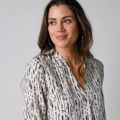 Bloes En Tuniek<Blancheporte Bloes met grafische print en Tunesische hals, crêpe ecru / zwart