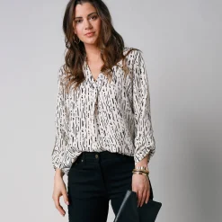 Bloes En Tuniek<Blancheporte Bloes met grafische print en Tunesische hals, crêpe ecru / zwart
