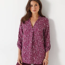 Bloes En Tuniek<Blancheporte Bloes met grafische print en Tunesische hals, crêpe pruim / wit