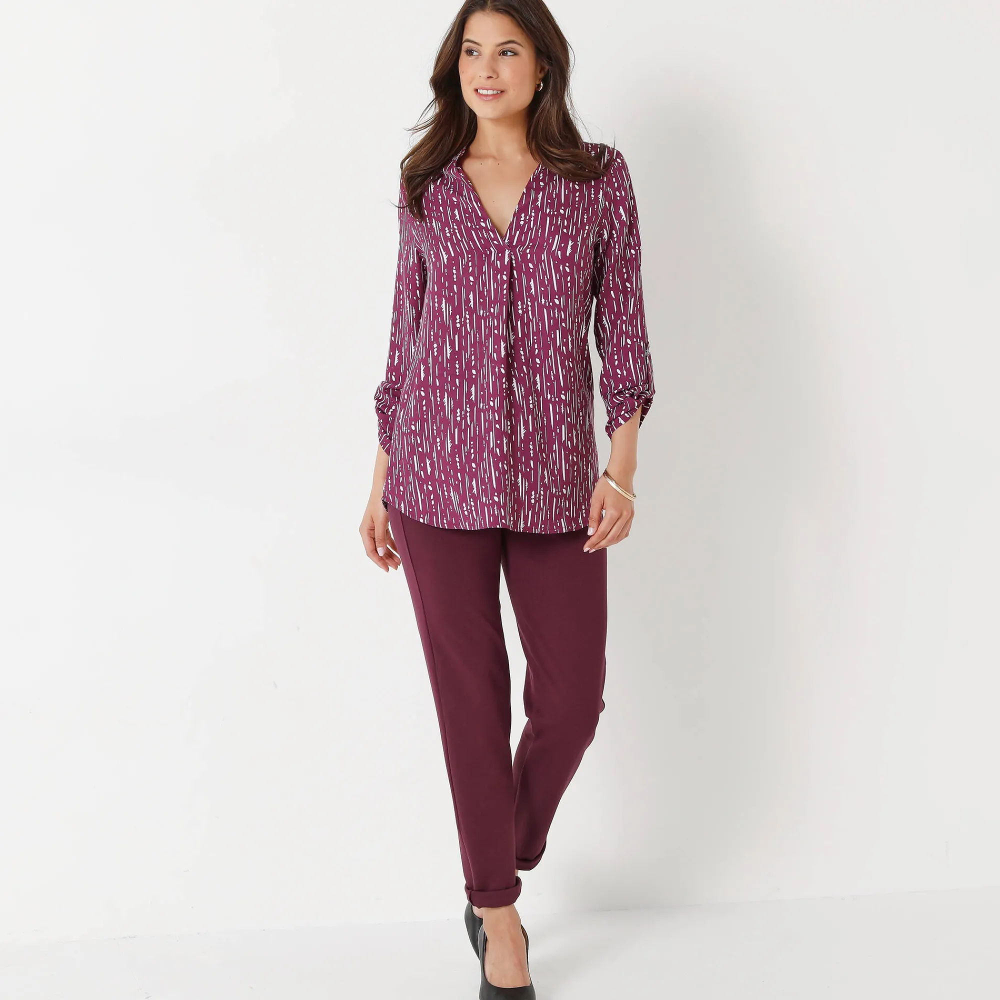 Bloes En Tuniek<Blancheporte Bloes met grafische print en Tunesische hals, crêpe pruim / wit