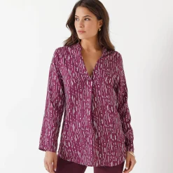 Bloes En Tuniek<Blancheporte Bloes met grafische print en Tunesische hals, crêpe pruim / wit