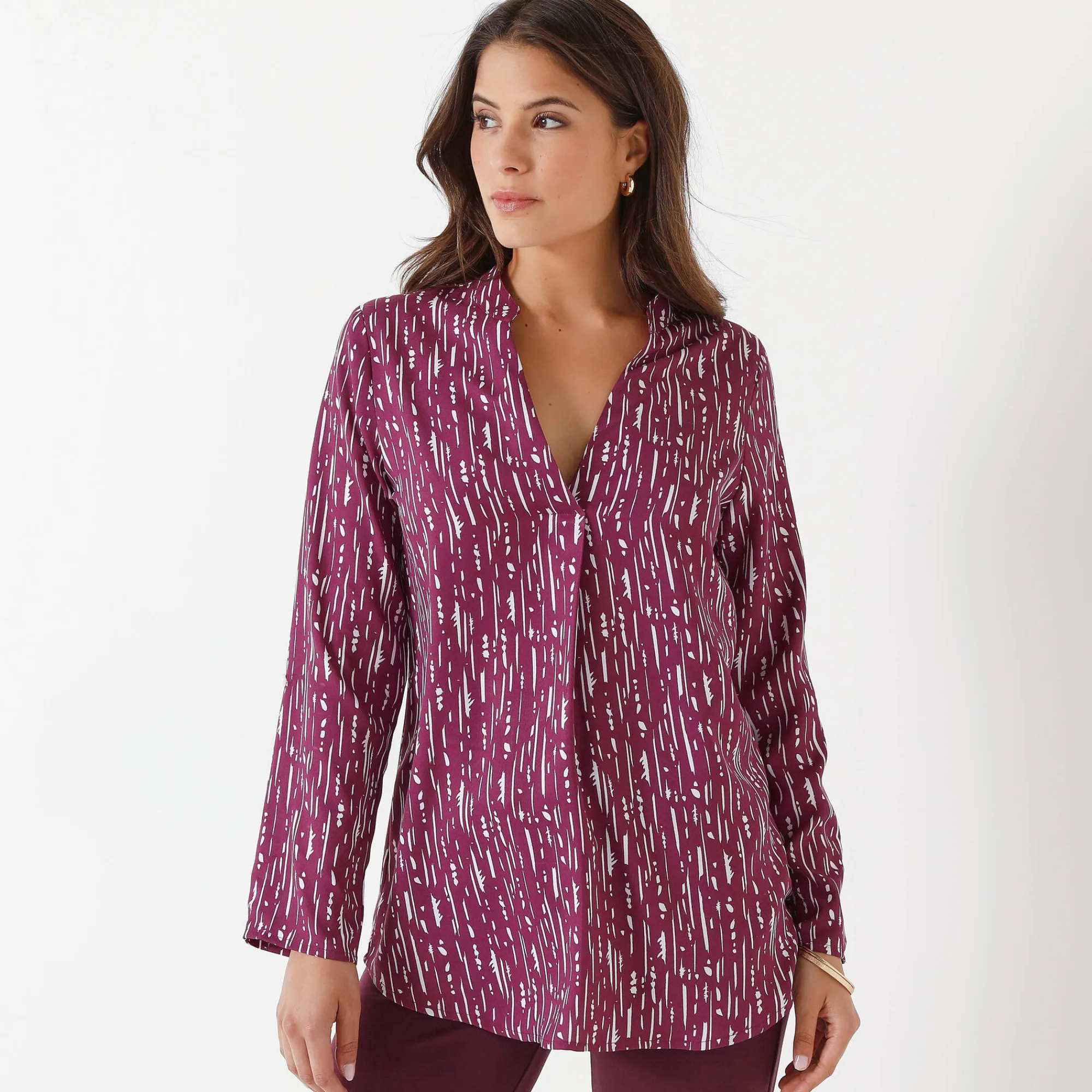 Bloes En Tuniek<Blancheporte Bloes met grafische print en Tunesische hals, crêpe pruim / wit