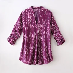Bloes En Tuniek<Blancheporte Bloes met grafische print en Tunesische hals, crêpe pruim / wit