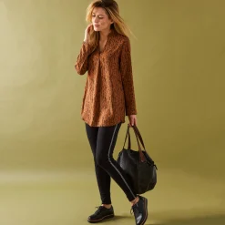 Bloes En Tuniek<Blancheporte Bloes met grafische print en Tunesische hals, crêpe hazelnootbruin / zwart