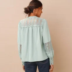 Bloes En Tuniek<Blancheporte Bloes met kant en lange, bloezende mouwen grijsgroen