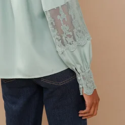Bloes En Tuniek<Blancheporte Bloes met kant en lange, bloezende mouwen grijsgroen