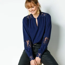 Feestoutfits Dames|Bloes En Tuniek<Blancheporte Bloes met kant en lange, bloezende mouwen nachtblauw
