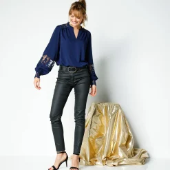 Feestoutfits Dames|Bloes En Tuniek<Blancheporte Bloes met kant en lange, bloezende mouwen nachtblauw