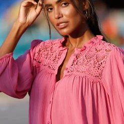 Bloes En Tuniek<Blancheporte Bloes met knoopsluiting en macramé, kraagje met stroken roze