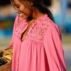 Bloes En Tuniek<Blancheporte Bloes met knoopsluiting en macramé, kraagje met stroken roze