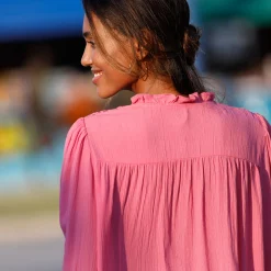 Bloes En Tuniek<Blancheporte Bloes met knoopsluiting en macramé, kraagje met stroken roze