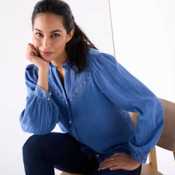 Bloes En Tuniek<Blancheporte Bloes met knoopsluiting en macramé, katoengaas indigo
