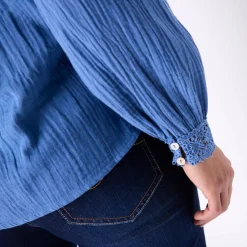 Bloes En Tuniek<Blancheporte Bloes met knoopsluiting en macramé, katoengaas indigo