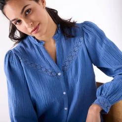 Bloes En Tuniek<Blancheporte Bloes met knoopsluiting en macramé, katoengaas indigo