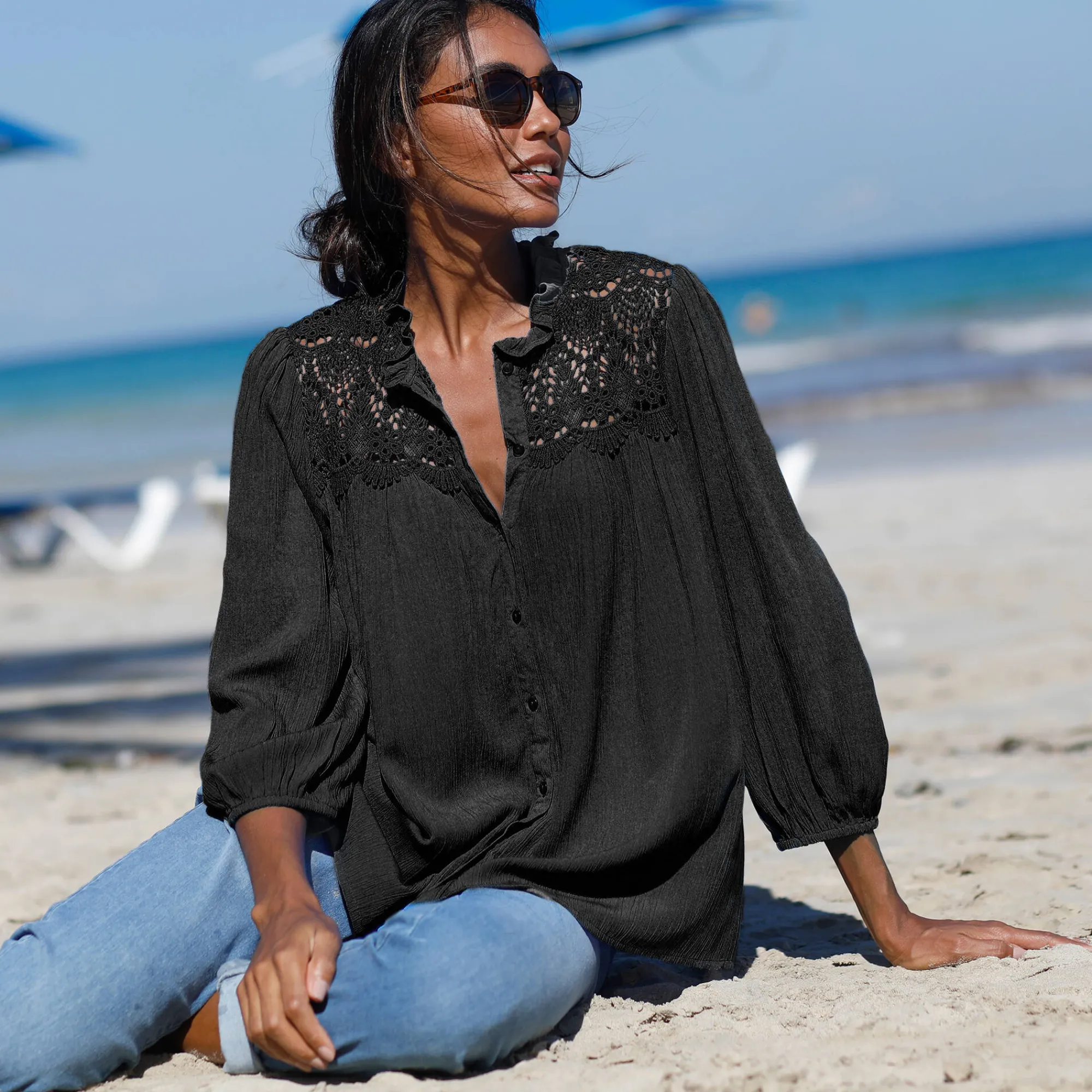 Bloes En Tuniek<Blancheporte Bloes met knoopsluiting en macramé, kraagje met stroken zwart