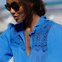 Bloes En Tuniek<Blancheporte Bloes met knoopsluiting en macramé, kraagje met stroken blauw
