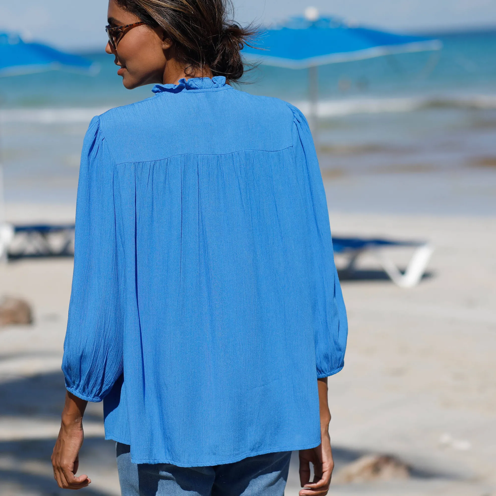 Bloes En Tuniek<Blancheporte Bloes met knoopsluiting en macramé, kraagje met stroken blauw