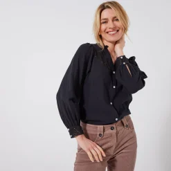 Feestoutfits Dames|Bloes En Tuniek<Blancheporte Bloes met knoopsluiting en macramé, katoengaas zwart