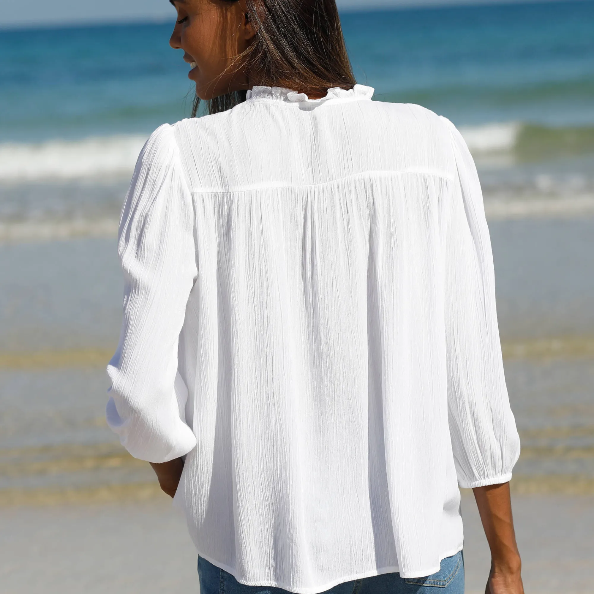 Bloes En Tuniek<Blancheporte Bloes met knoopsluiting en macramé, kraagje met stroken wit