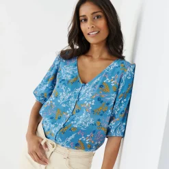 Bloes En Tuniek<Blancheporte Bloes met knoopsluiting en bloemenprint, crepon blauw