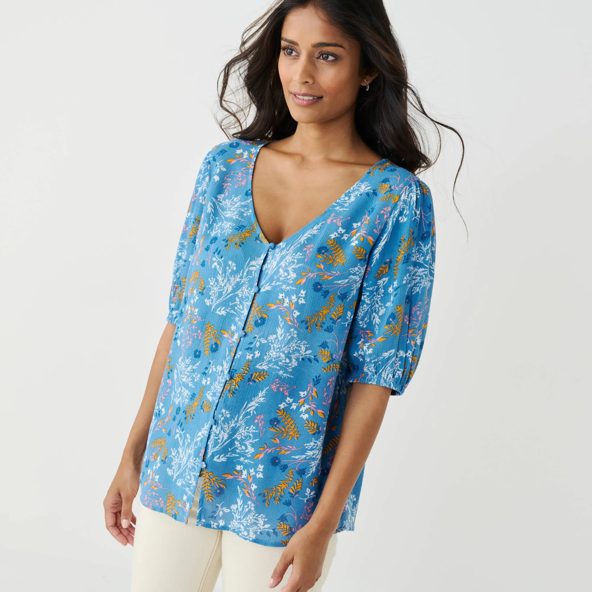 Bloes En Tuniek<Blancheporte Bloes met knoopsluiting en bloemenprint, crepon blauw