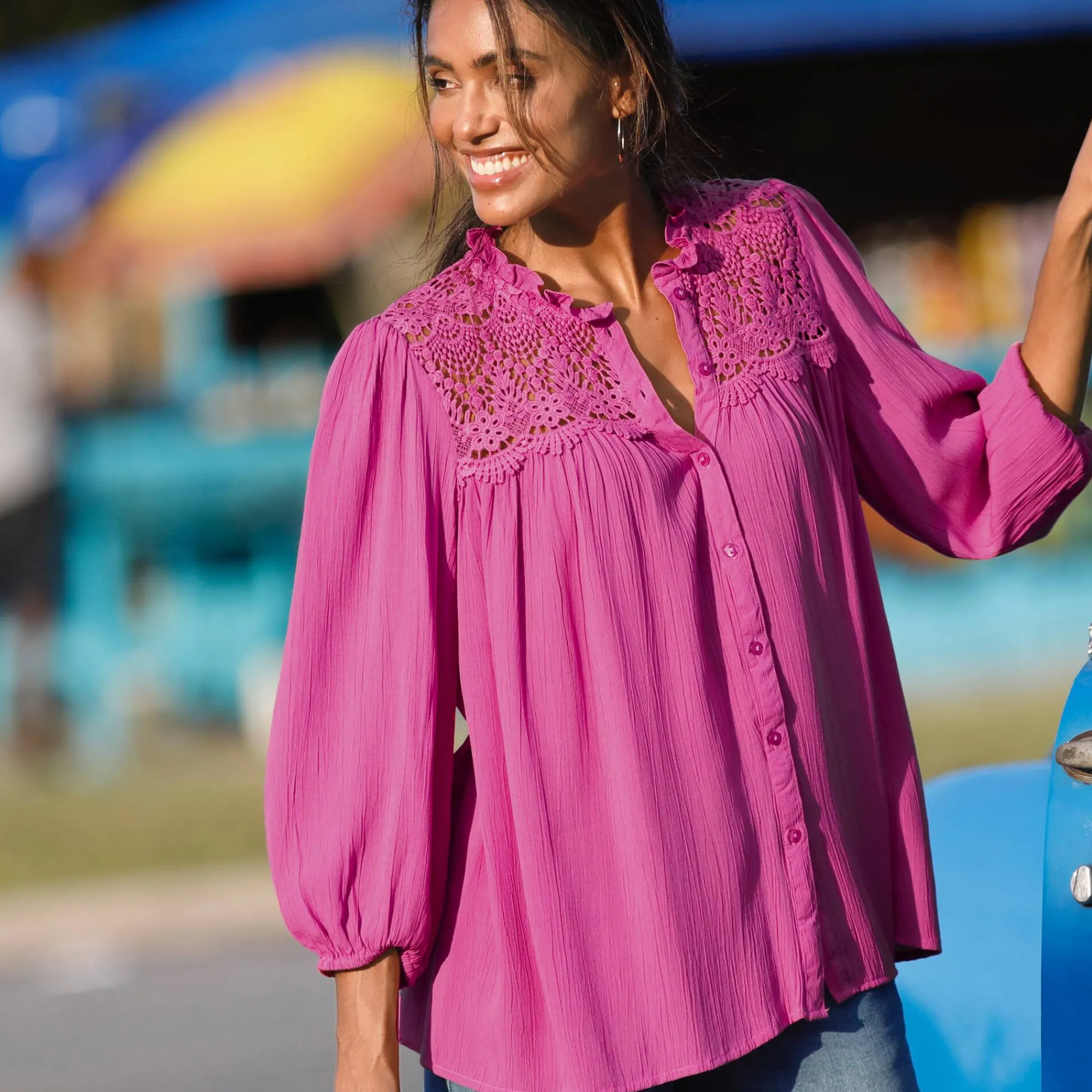 Bloes En Tuniek<Blancheporte Bloes met knoopsluiting en macramé, kraagje met stroken Indisch roze