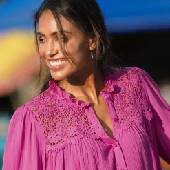 Bloes En Tuniek<Blancheporte Bloes met knoopsluiting en macramé, kraagje met stroken Indisch roze