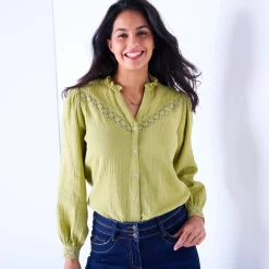 Bloes En Tuniek<Blancheporte Bloes met knoopsluiting en macramé, katoengaas mosgroen