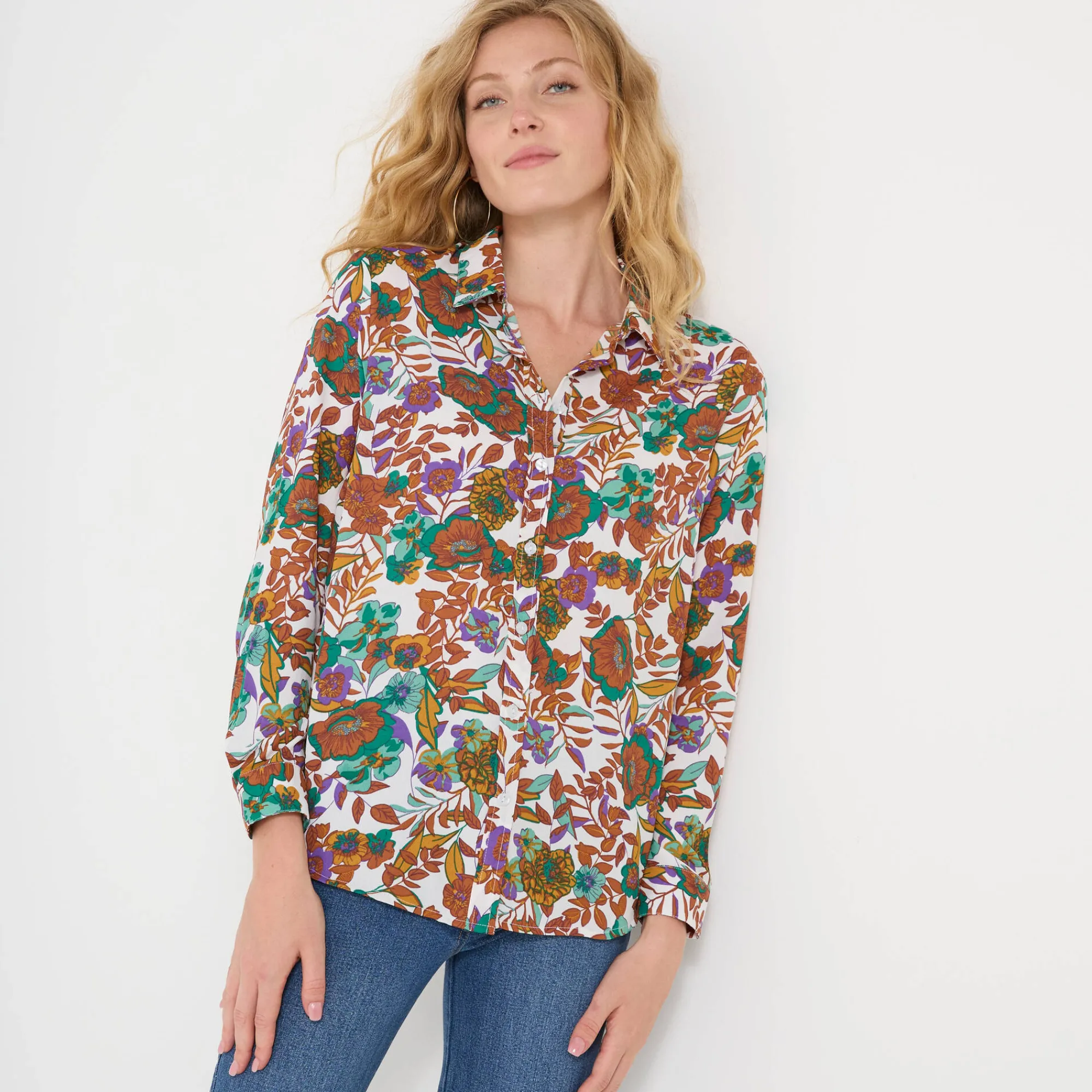 Bloes En Tuniek<Blancheporte Bloes met knoopsluiting met bloemenprint, gerecycleerd polyester(**) wit / karamel