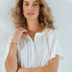 Jurk|Bloes En Tuniek<Blancheporte Bloes met korte mouwen, afgewerkt met macramé, effen ecru