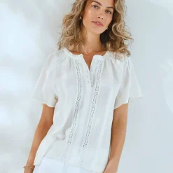 Jurk|Bloes En Tuniek<Blancheporte Bloes met korte mouwen, afgewerkt met macramé, effen ecru