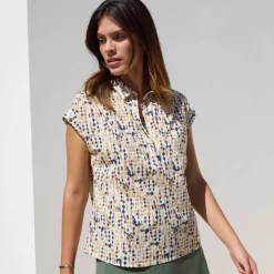 Bloes En Tuniek<Blancheporte Bloes met korte mouwen en omslag, minimalistische print ecru / hazelnootbruin