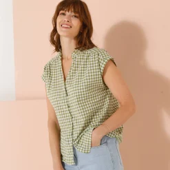 Bloes En Tuniek<Blancheporte Bloes met korte mouwen, kraag met stroken en vichyruitjes mosgroen
