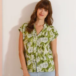Bloes En Tuniek<Blancheporte Bloes met korte mouwen, kraag met stroken, bloemenprint mosgroen