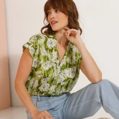 Bloes En Tuniek<Blancheporte Bloes met korte mouwen, kraag met stroken, bloemenprint mosgroen
