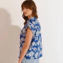 Bloes En Tuniek<Blancheporte Bloes met korte mouwen, kraag met stroken, bloemenprint blauw