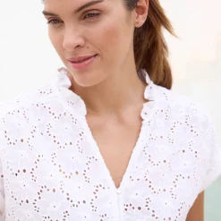 Bloes En Tuniek<Blancheporte Bloes met korte mouwen, stroken aan de kraag en broderie anglaise wit