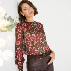 Feestoutfits Dames|Bloes En Tuniek<Blancheporte Bloes met lange mouwen, bloemen- en goudkleurige print chocolade / roze