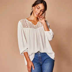 Bloes En Tuniek<Blancheporte Bloes met macramé en 3/4-mouwen wit
