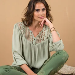 Bloes En Tuniek<Blancheporte Bloes met macramé en 3/4-mouwen lichtkaki